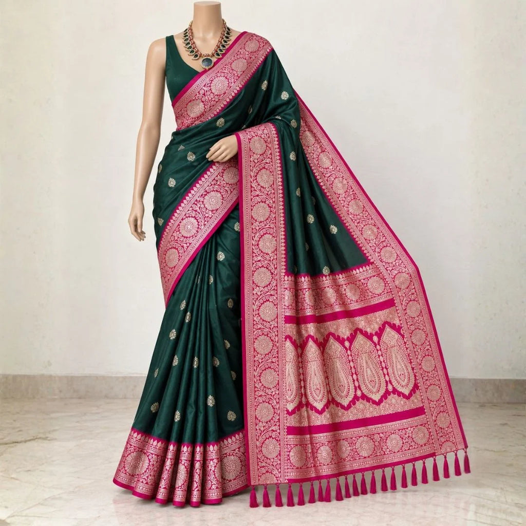 Bottle Green & Rani Pink Banarasi Silk Saree
