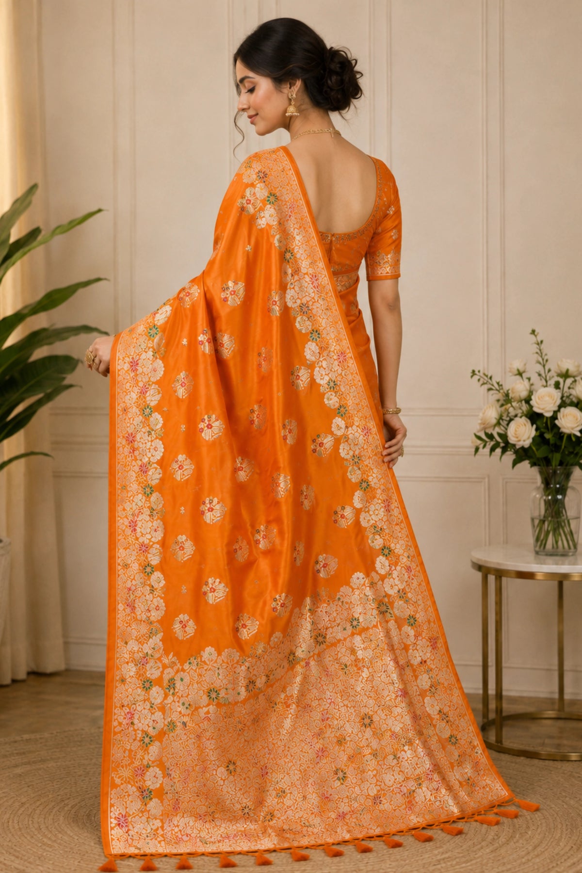 Festive Orange Dola Silk-Style Saree with Floral Zari Pallu