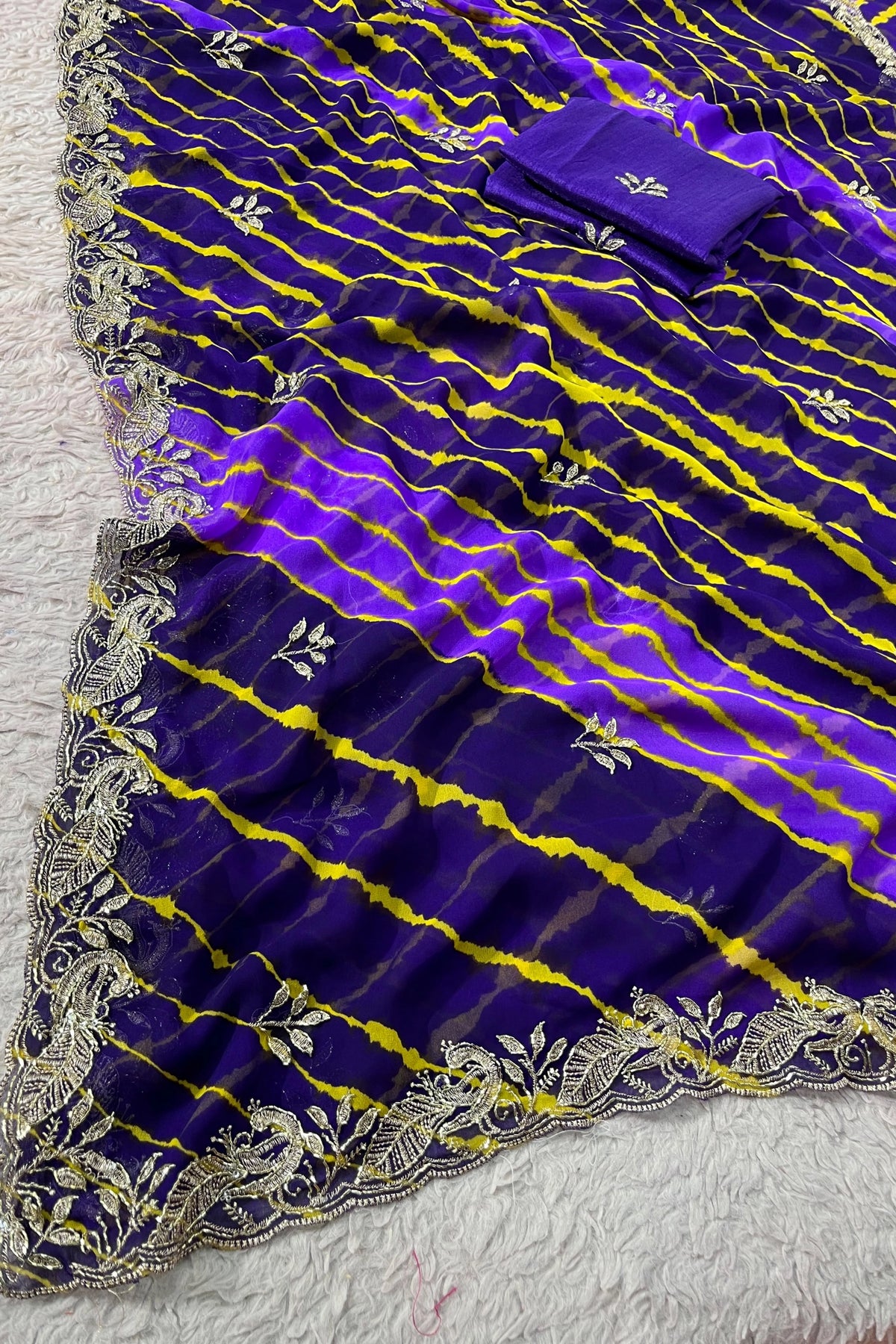 Leheriya Organza Saree with Hand-Embroidered Silver Border