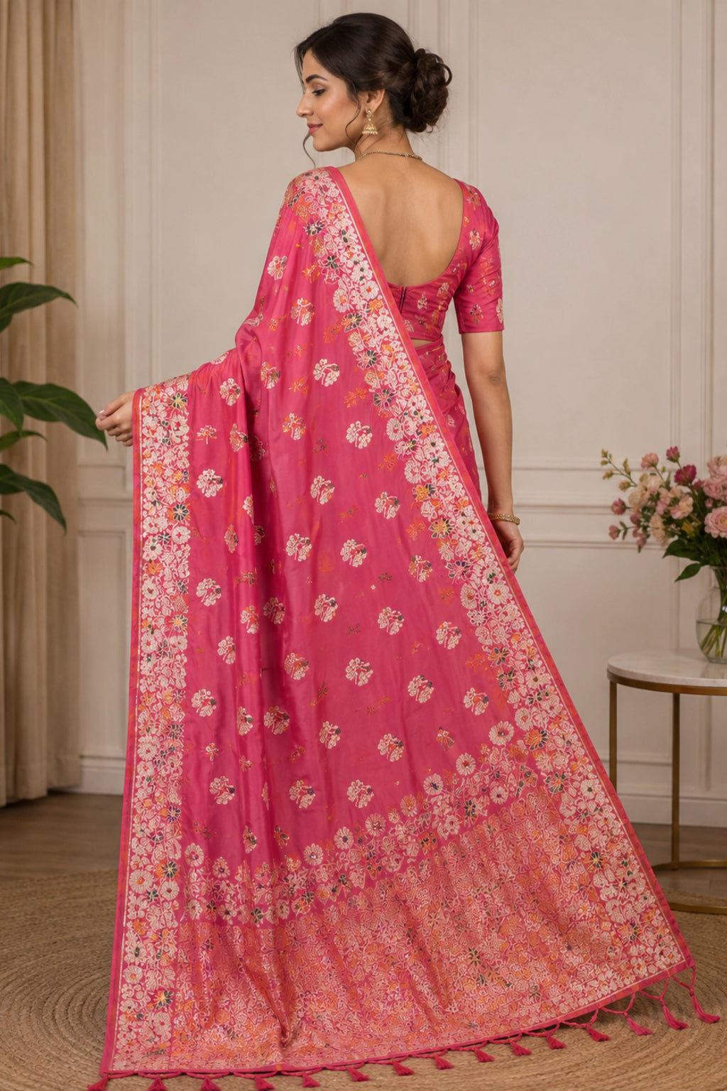 Coral Pink Dola Silk-Style Saree with Floral Zari Pallu