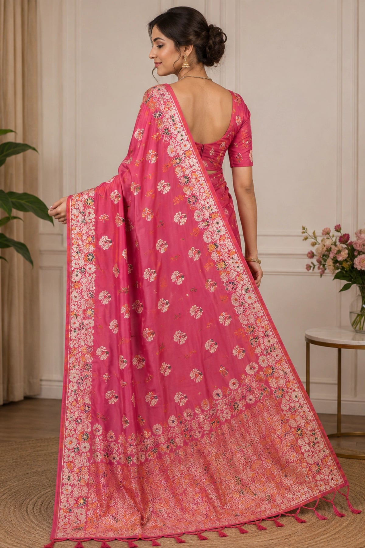 Coral Pink Dola Silk-Style Saree with Floral Zari Pallu