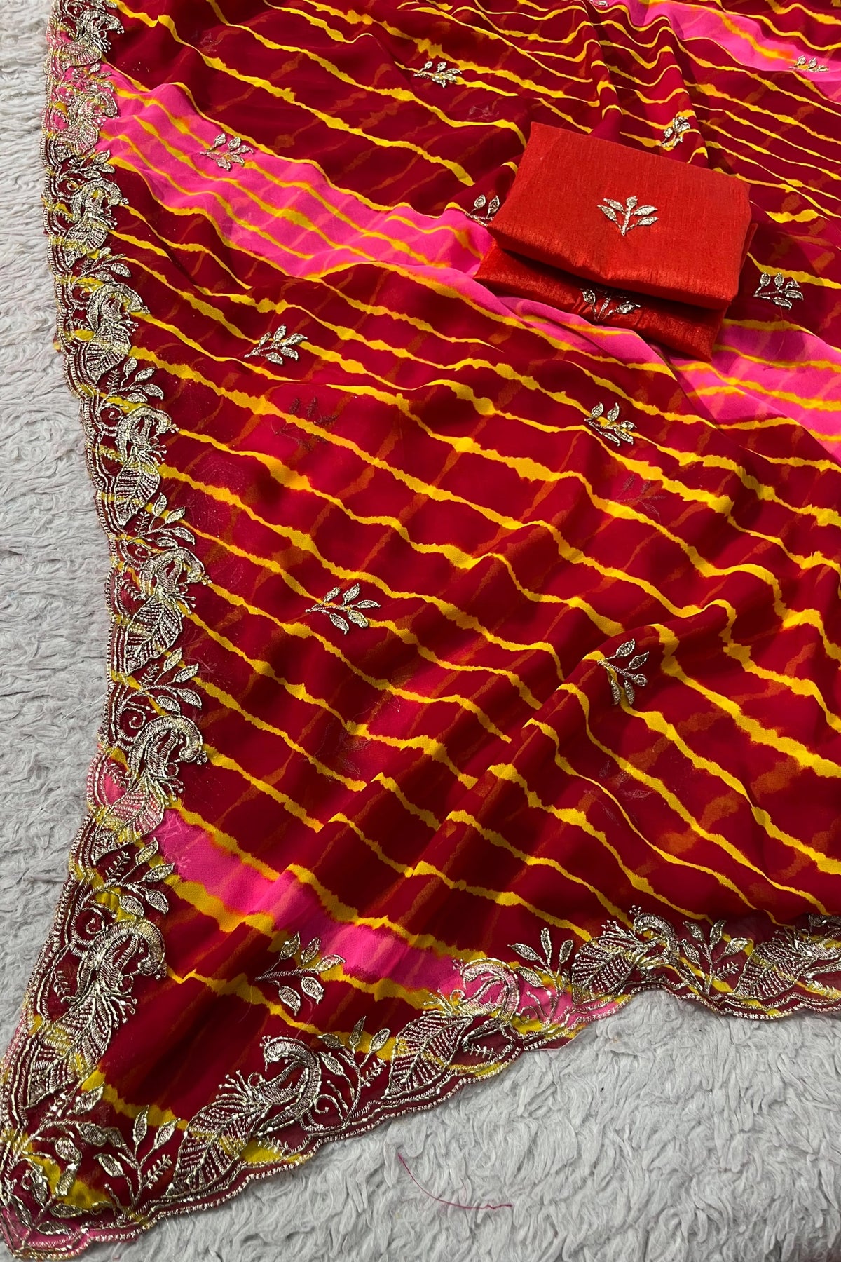 Leheriya Organza Saree with Hand-Embroidered Silver Border