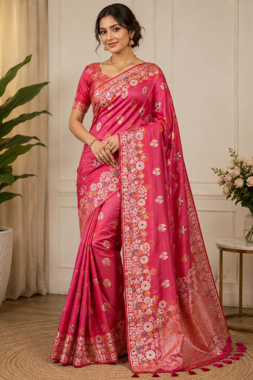 Coral Pink Dola Silk-Style Saree with Floral Zari Pallu