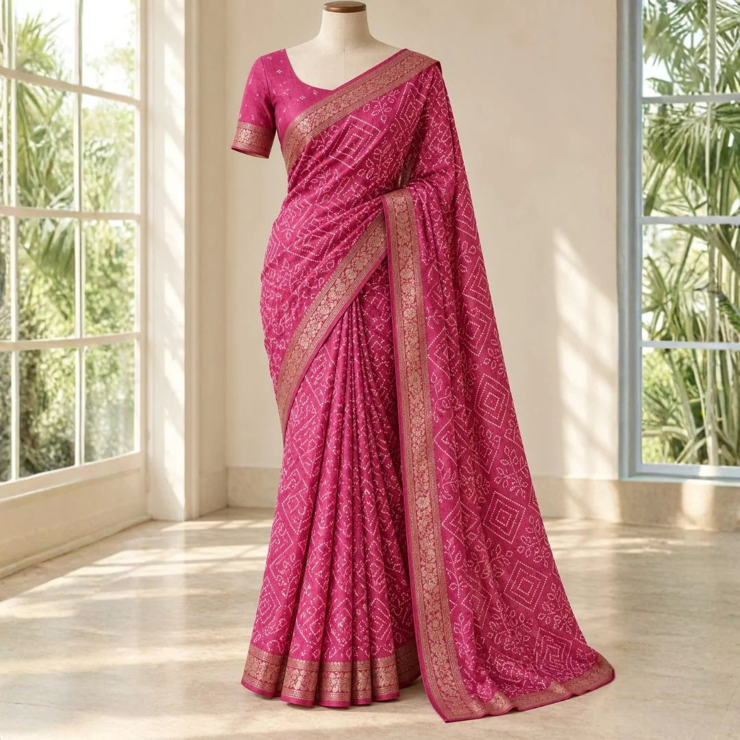 Rani Pink Dola Silk Bandhani Print Saree