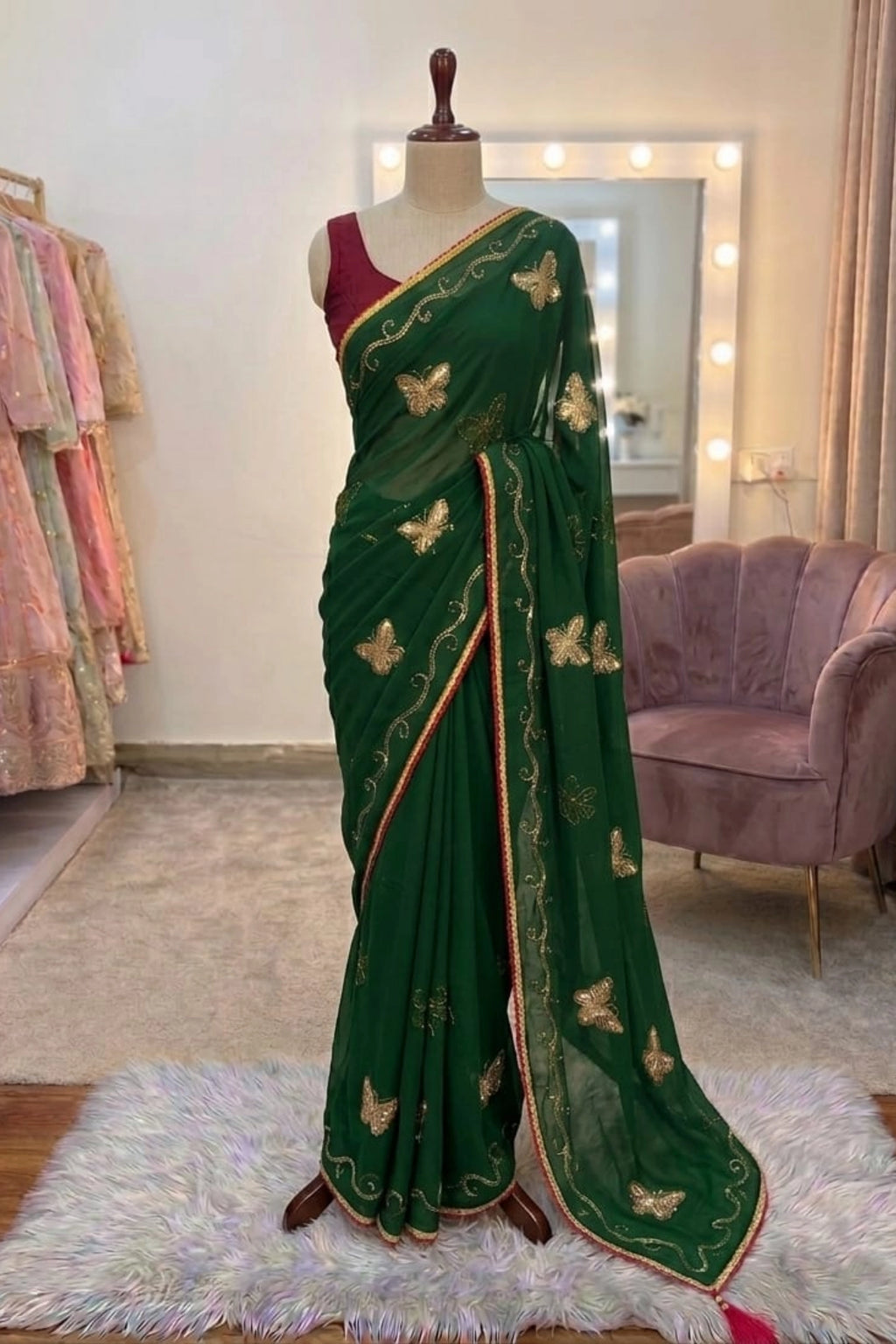 Butterfly Embroidered Soft Organza Saree with Contrast Blouse
