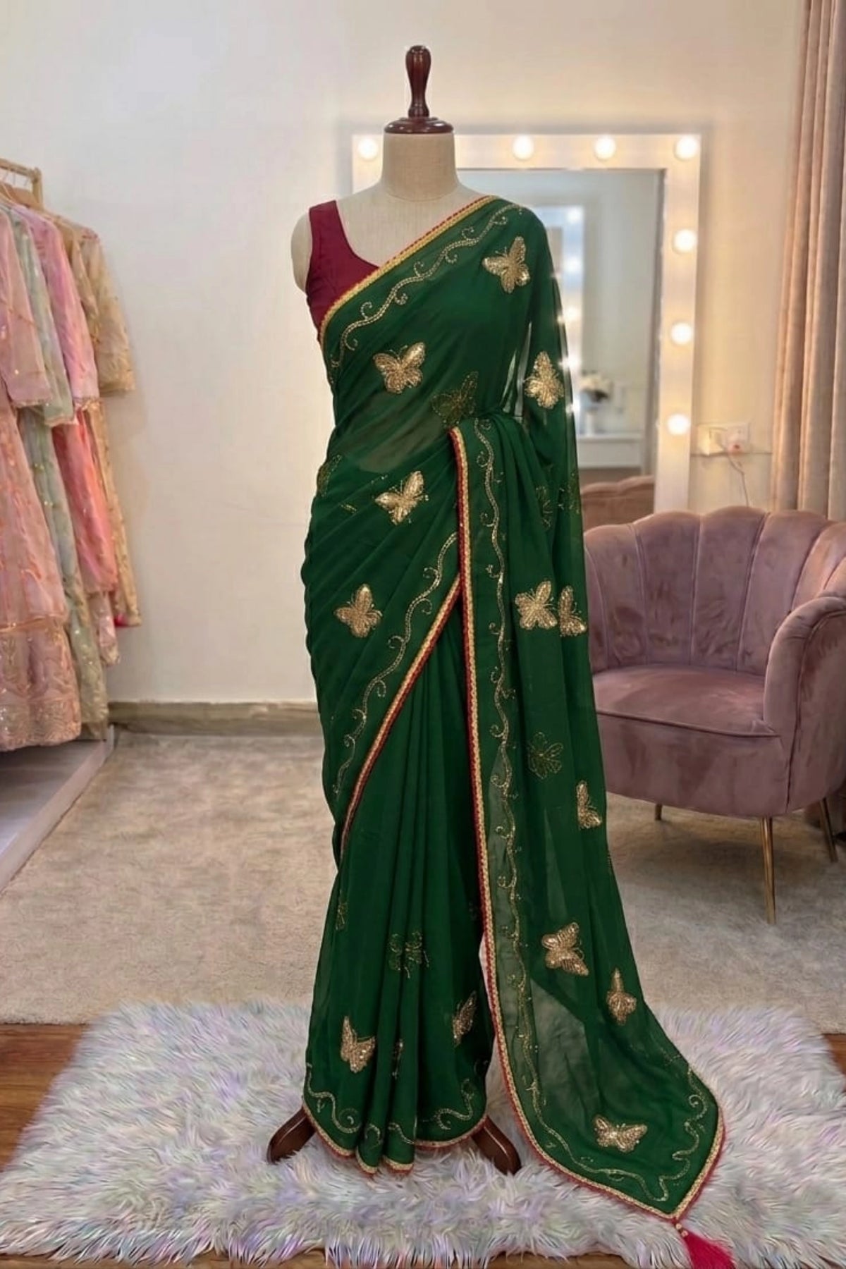 Butterfly Embroidered Soft Organza Saree with Contrast Blouse