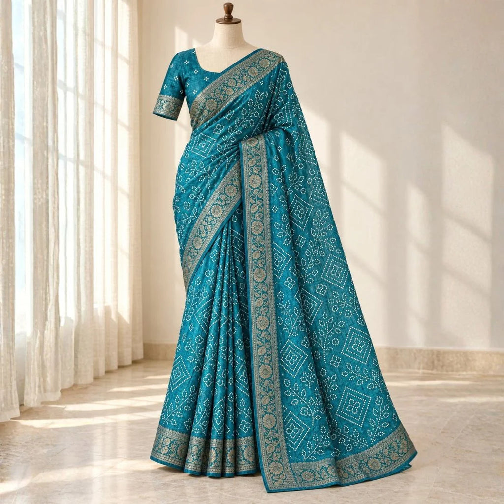 Teal Blue Dola Silk Bandhani Print Saree