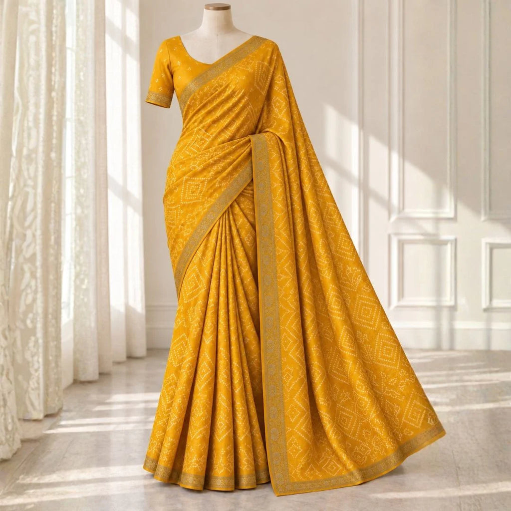 Mustard Yellow Dola Silk Bandhani Print Saree