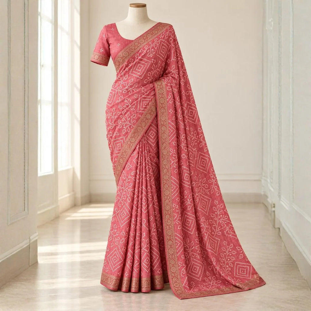 Rose Pink Dola Silk Bandhani Print Saree