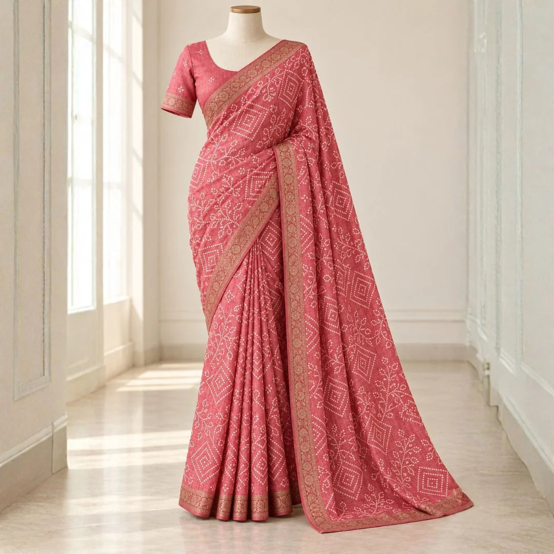 Rose Pink Dola Silk Bandhani Print Saree