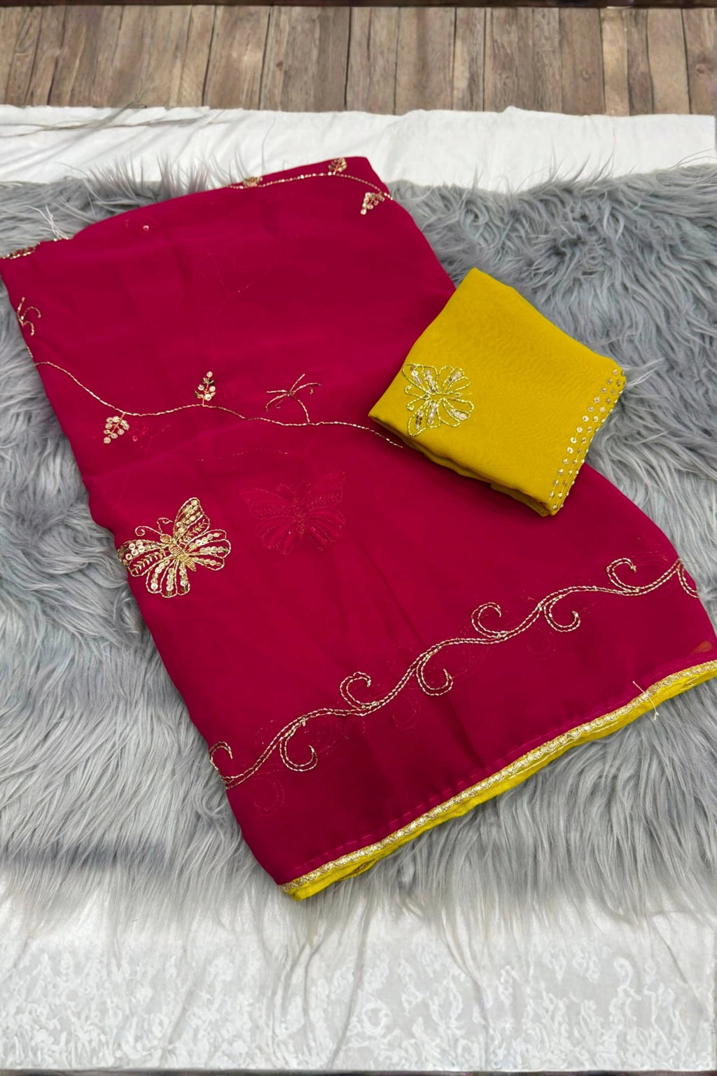 Butterfly Embroidered Soft Organza Saree with Contrast Blouse