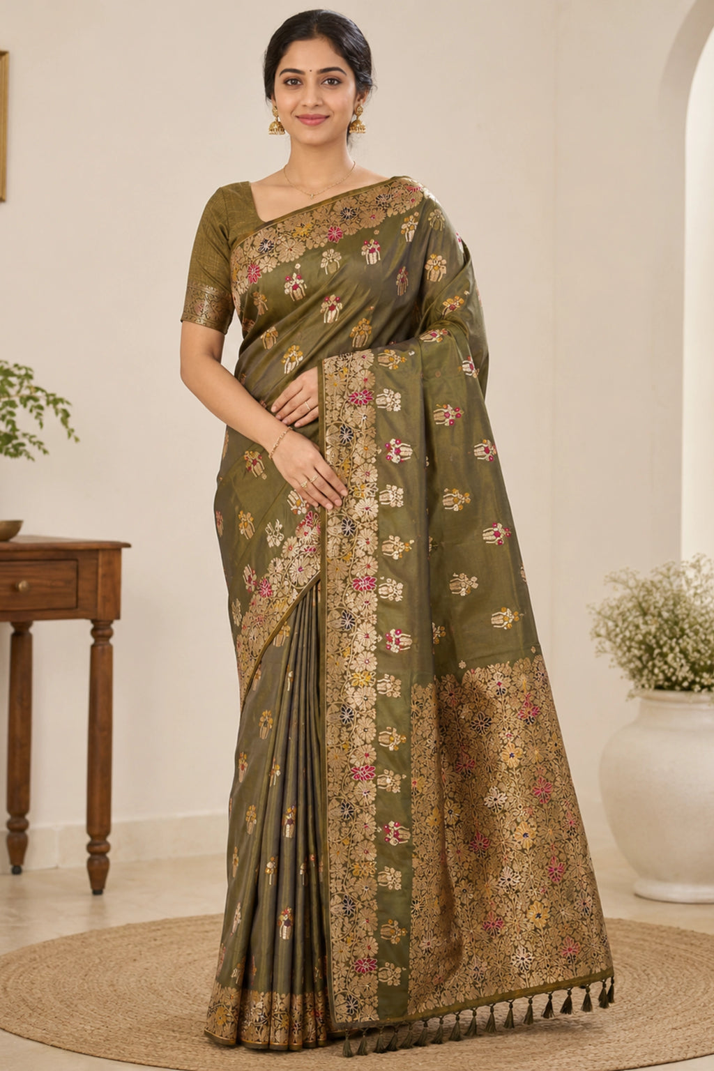 Olive Green Dola Silk-Style Saree with Floral Zari Pallu