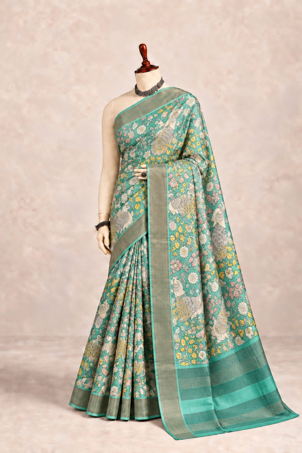 Teal Garden Tussar Silk Saree