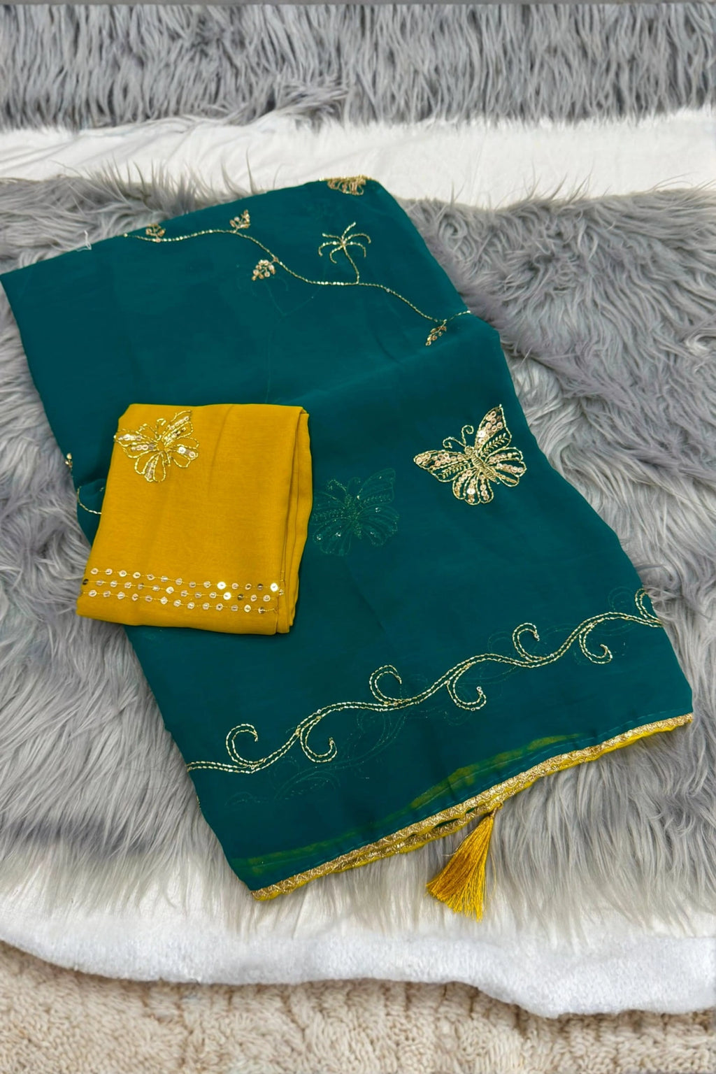 Butterfly Embroidered Soft Organza Saree with Contrast Blouse