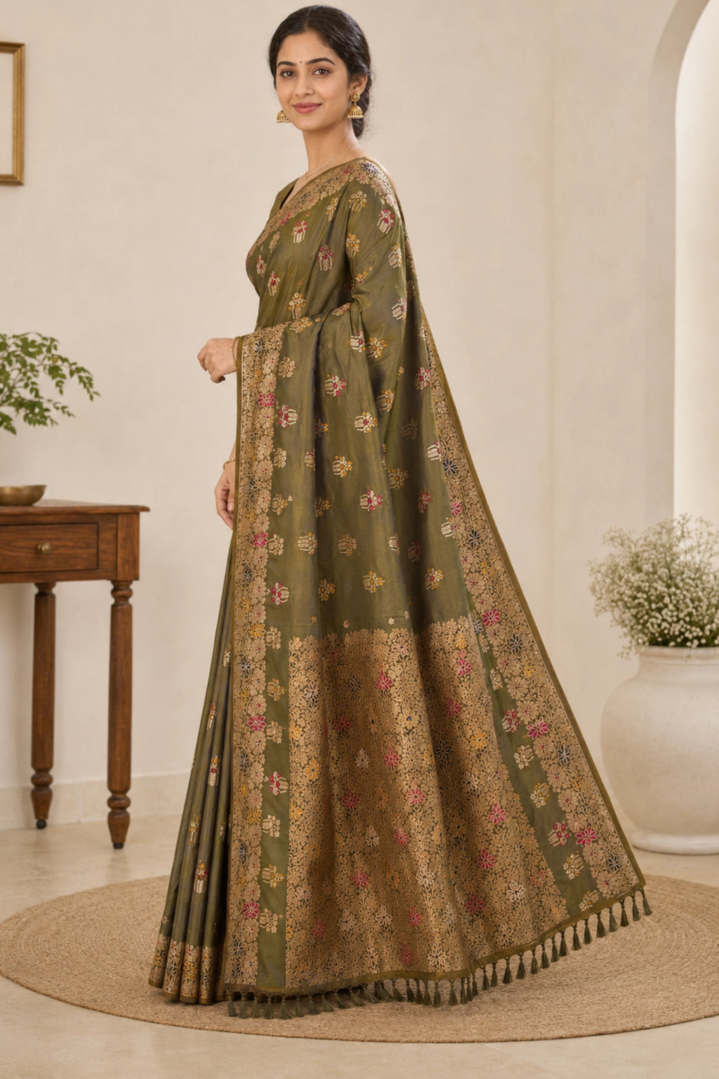 Olive Green Dola Silk-Style Saree with Floral Zari Pallu