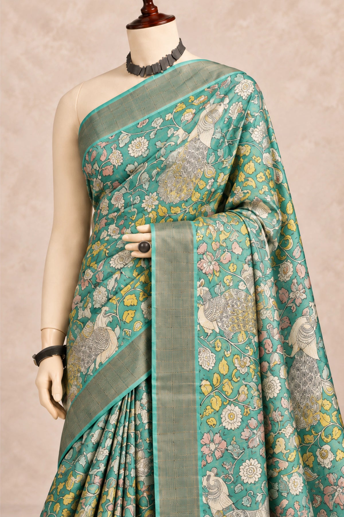 Teal Garden Tussar Silk Saree