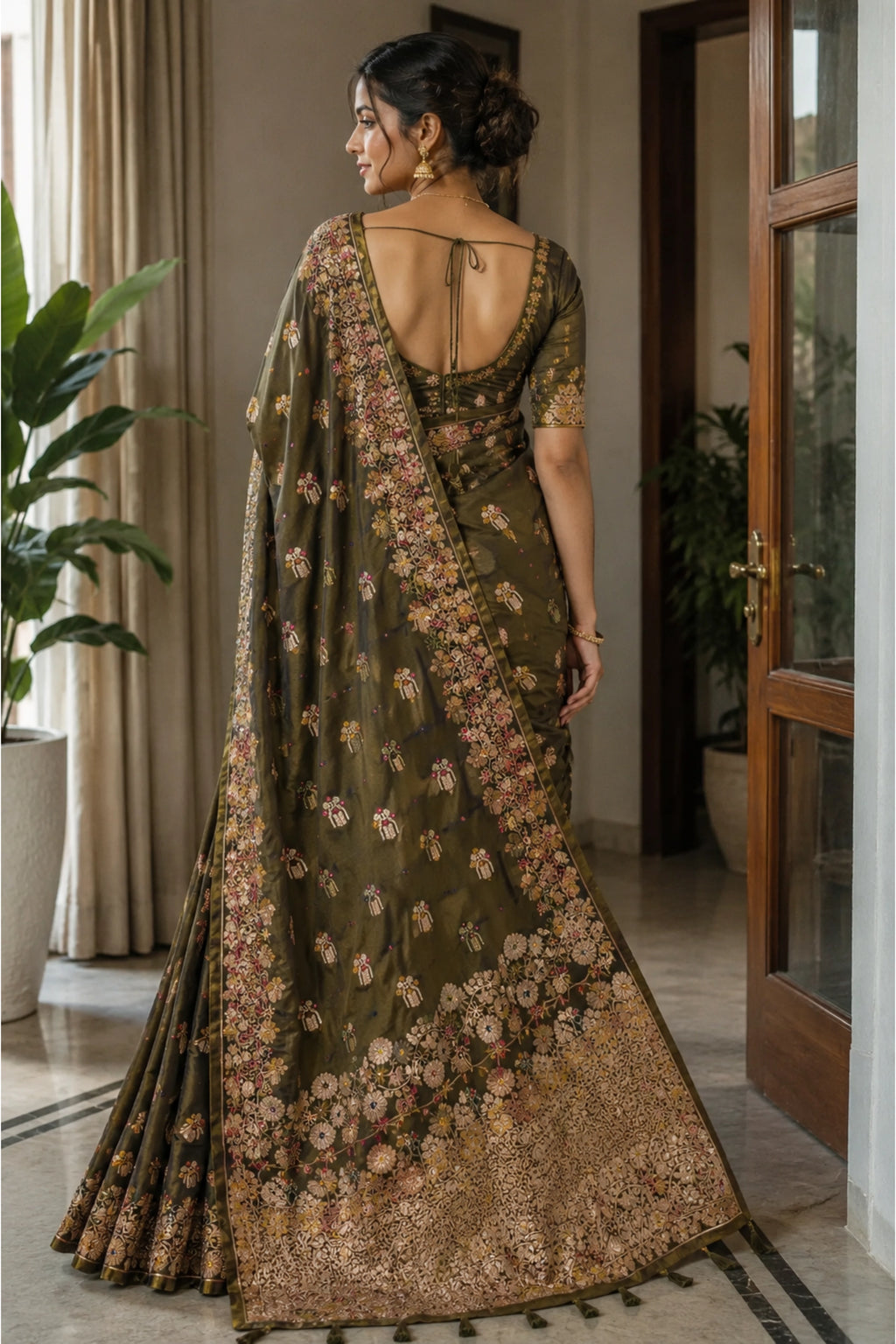 Olive Green Dola Silk-Style Saree with Floral Zari Pallu