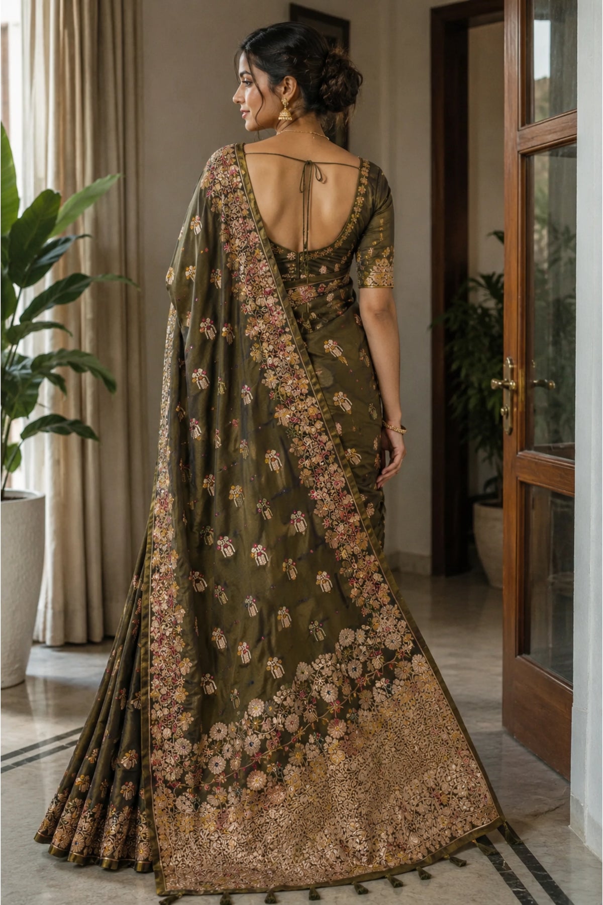 Olive Green Dola Silk-Style Saree with Floral Zari Pallu