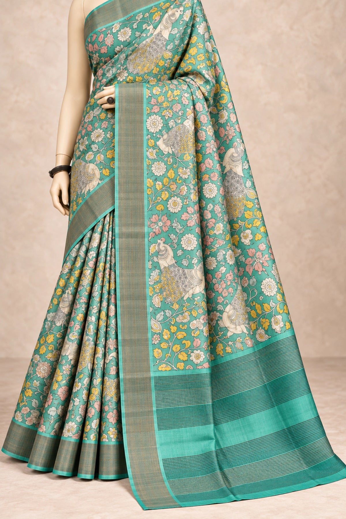 Teal Garden Tussar Silk Saree