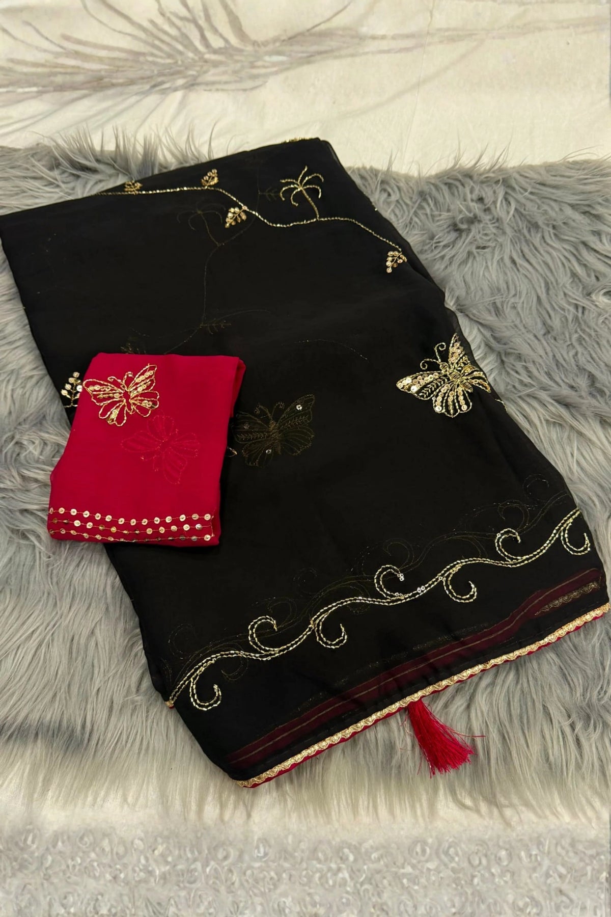 Butterfly Embroidered Soft Organza Saree with Contrast Blouse