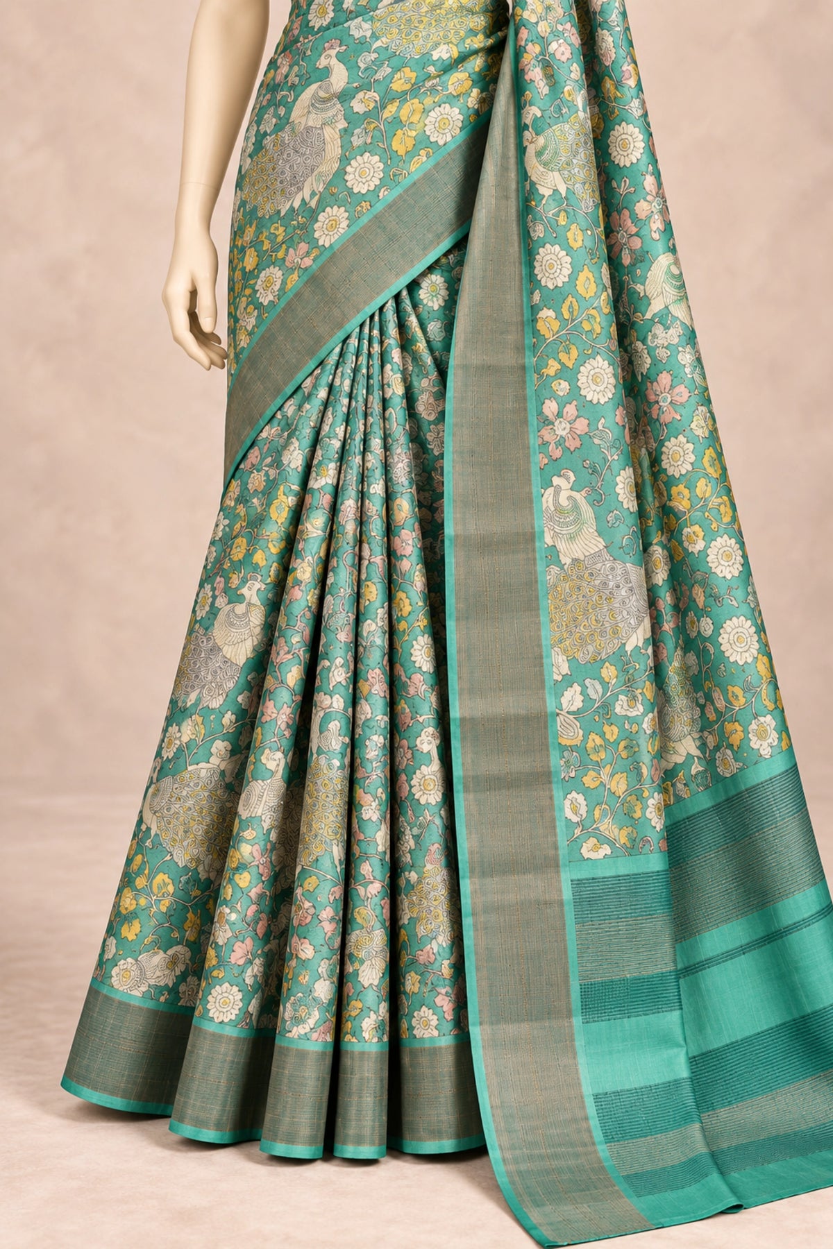 Teal Garden Tussar Silk Saree