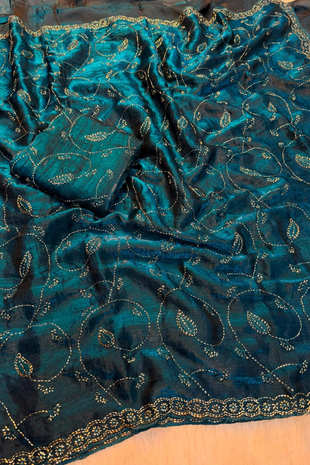 Shimmer Organza Saree with Floral Vine Embroidery
