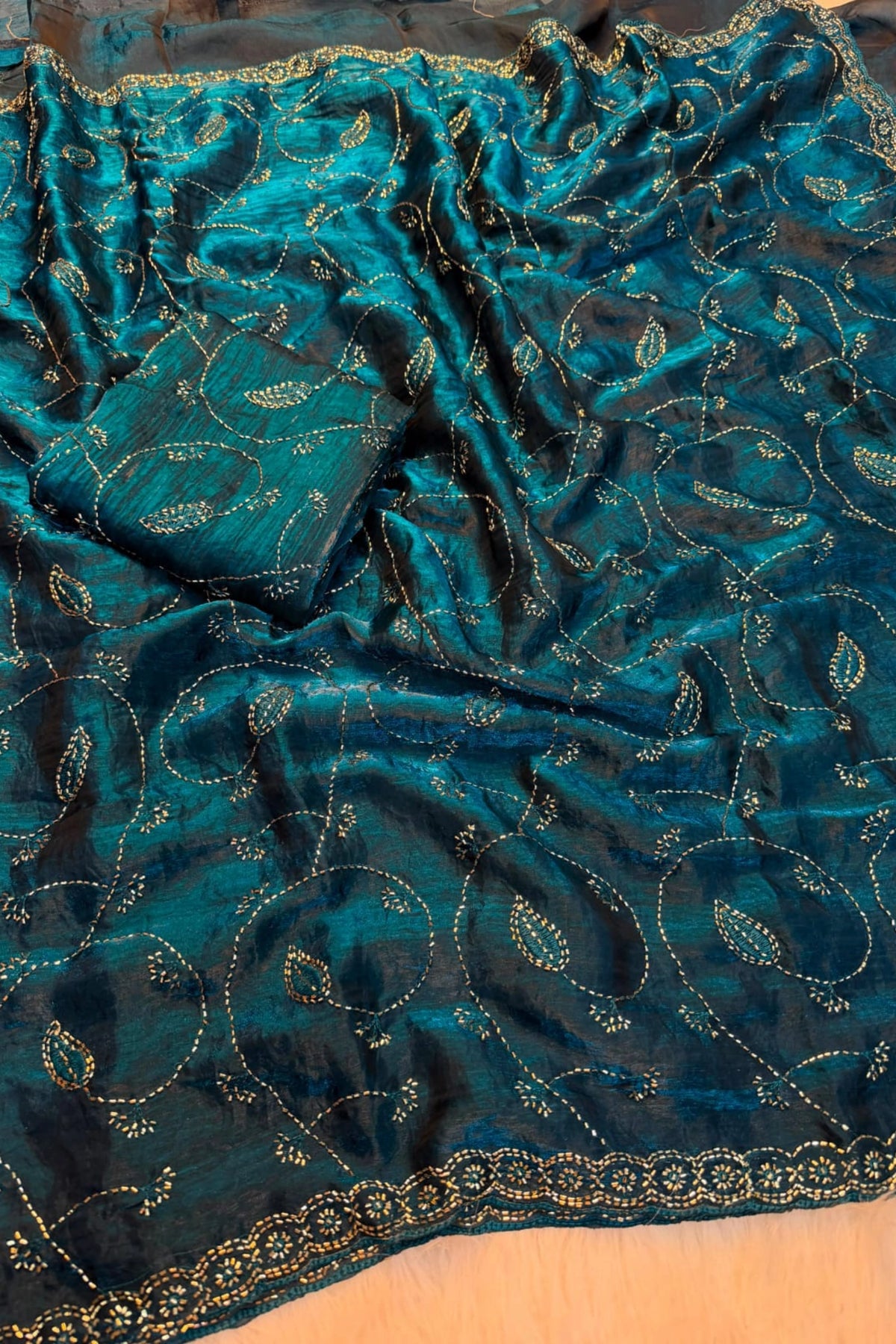 Shimmer Organza Saree with Floral Vine Embroidery