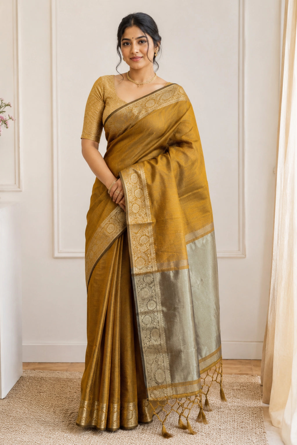 Antique Mustard Tussar-Style Saree with Gold Zari Border