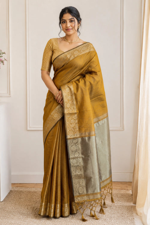 Antique Mustard Tussar-Style Saree with Gold Zari Border