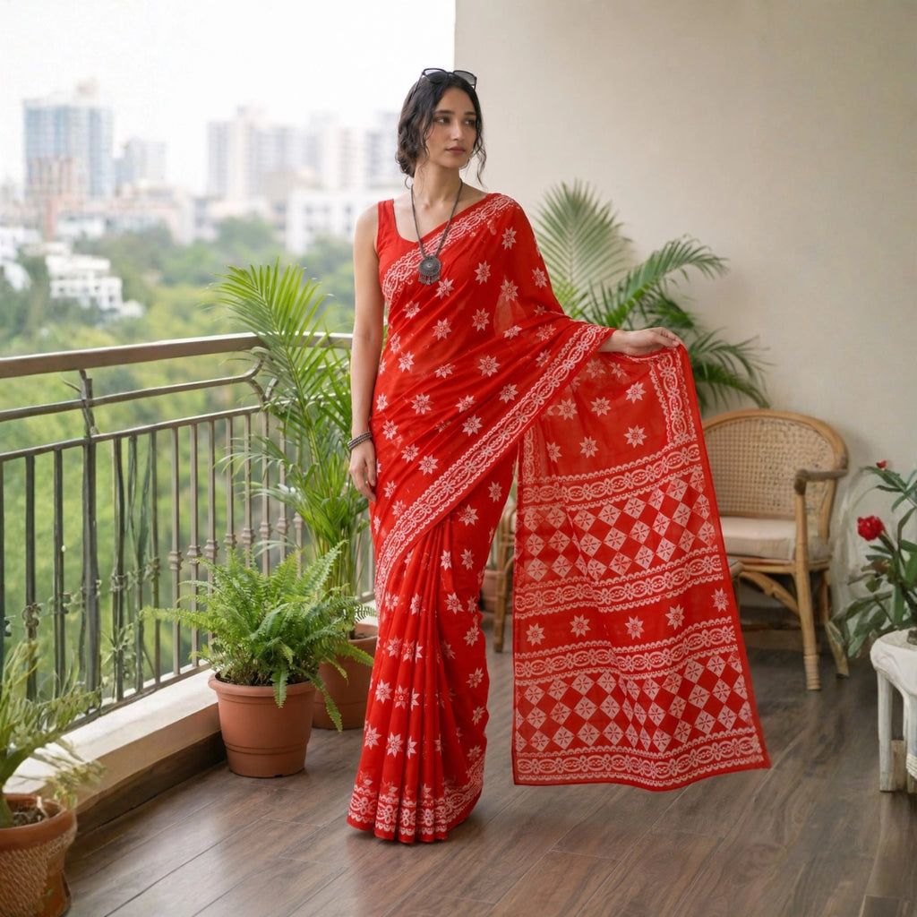 Vermilion Folk Print Saree