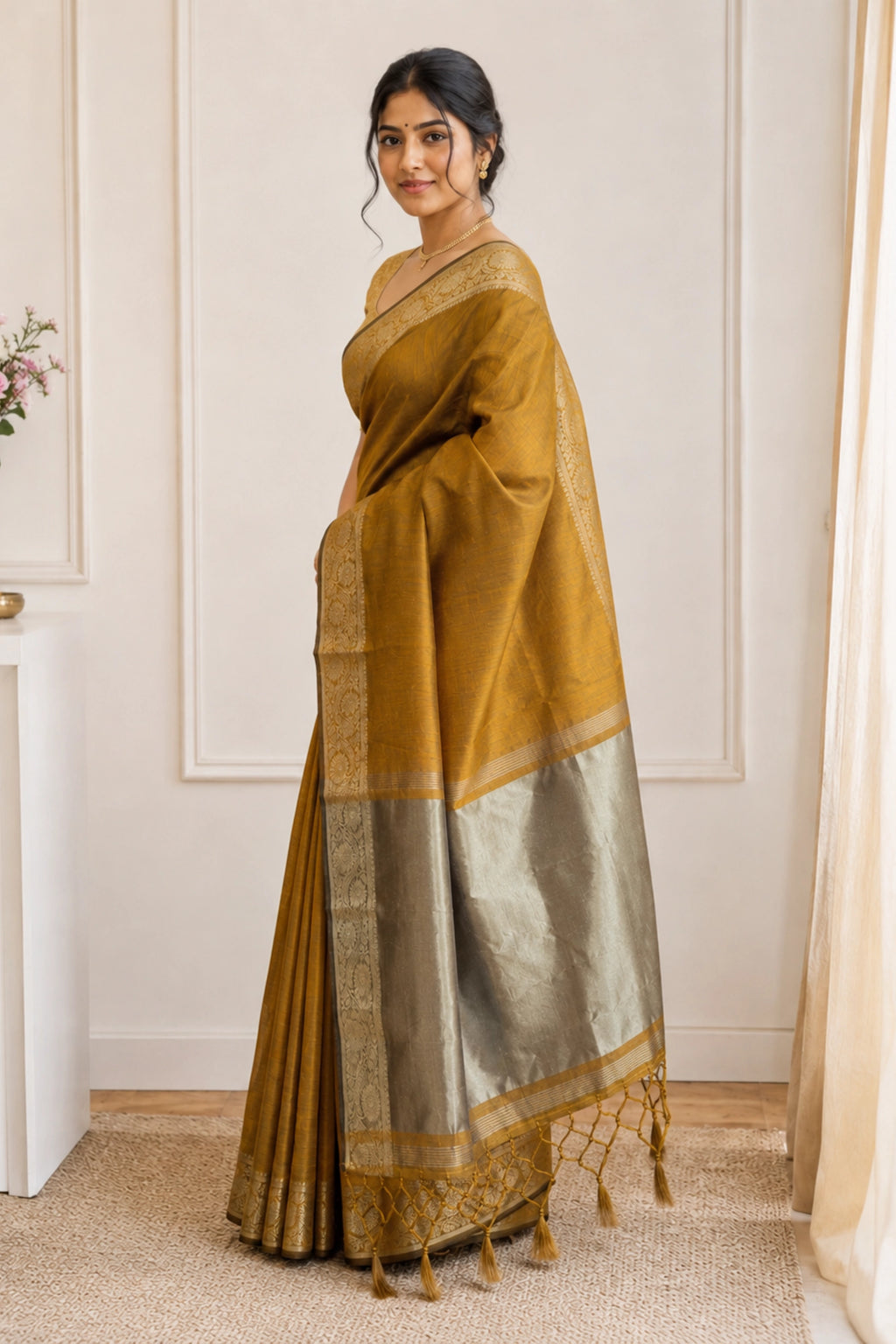 Antique Mustard Tussar-Style Saree with Gold Zari Border