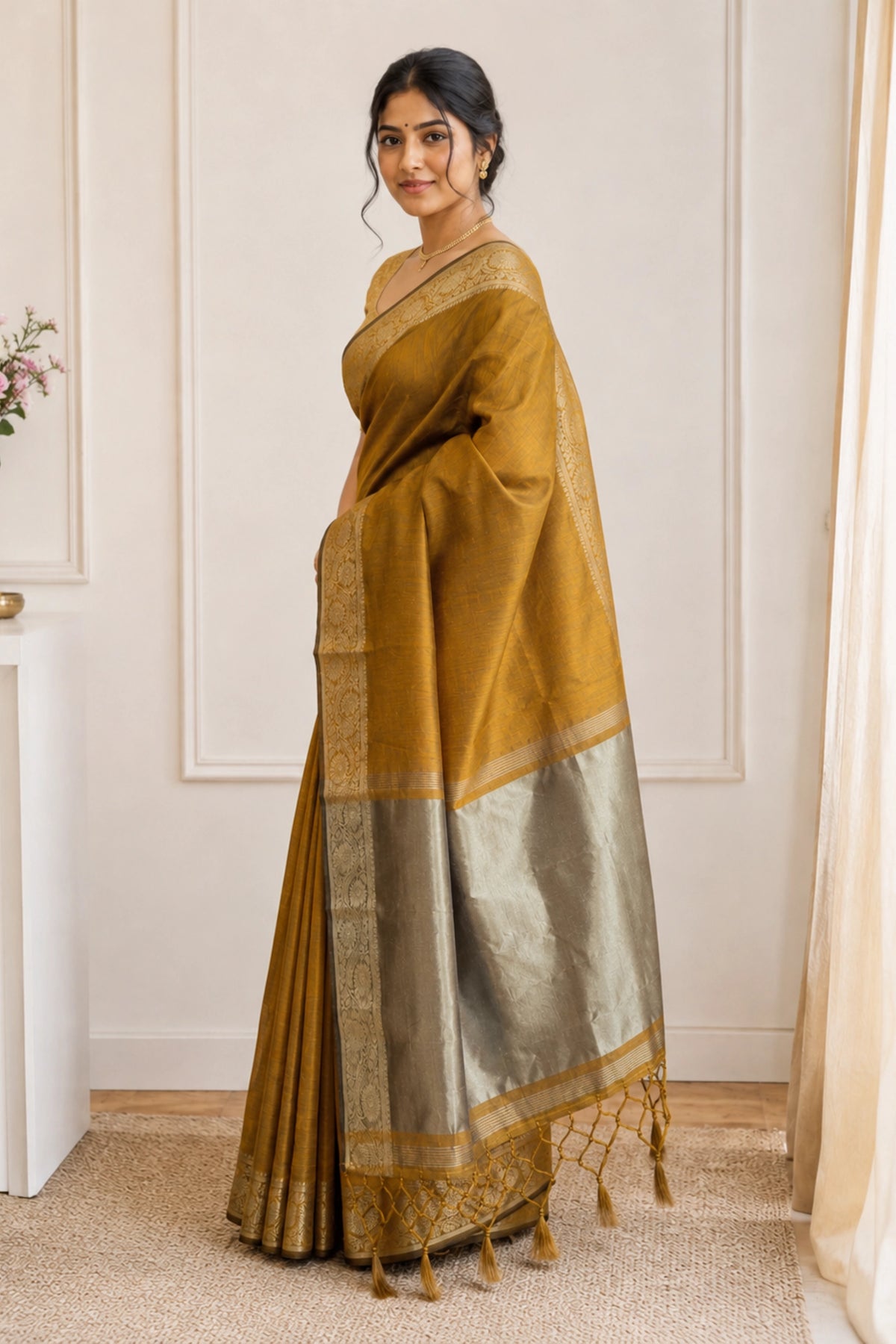 Antique Mustard Tussar-Style Saree with Gold Zari Border