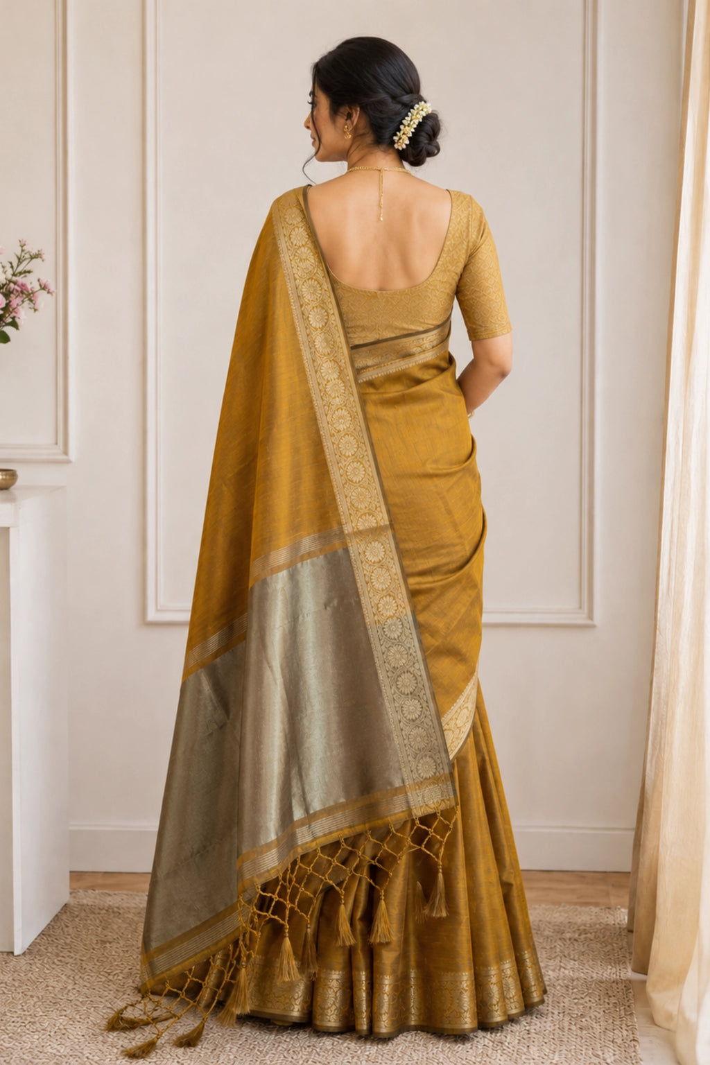 Antique Mustard Tussar-Style Saree with Gold Zari Border