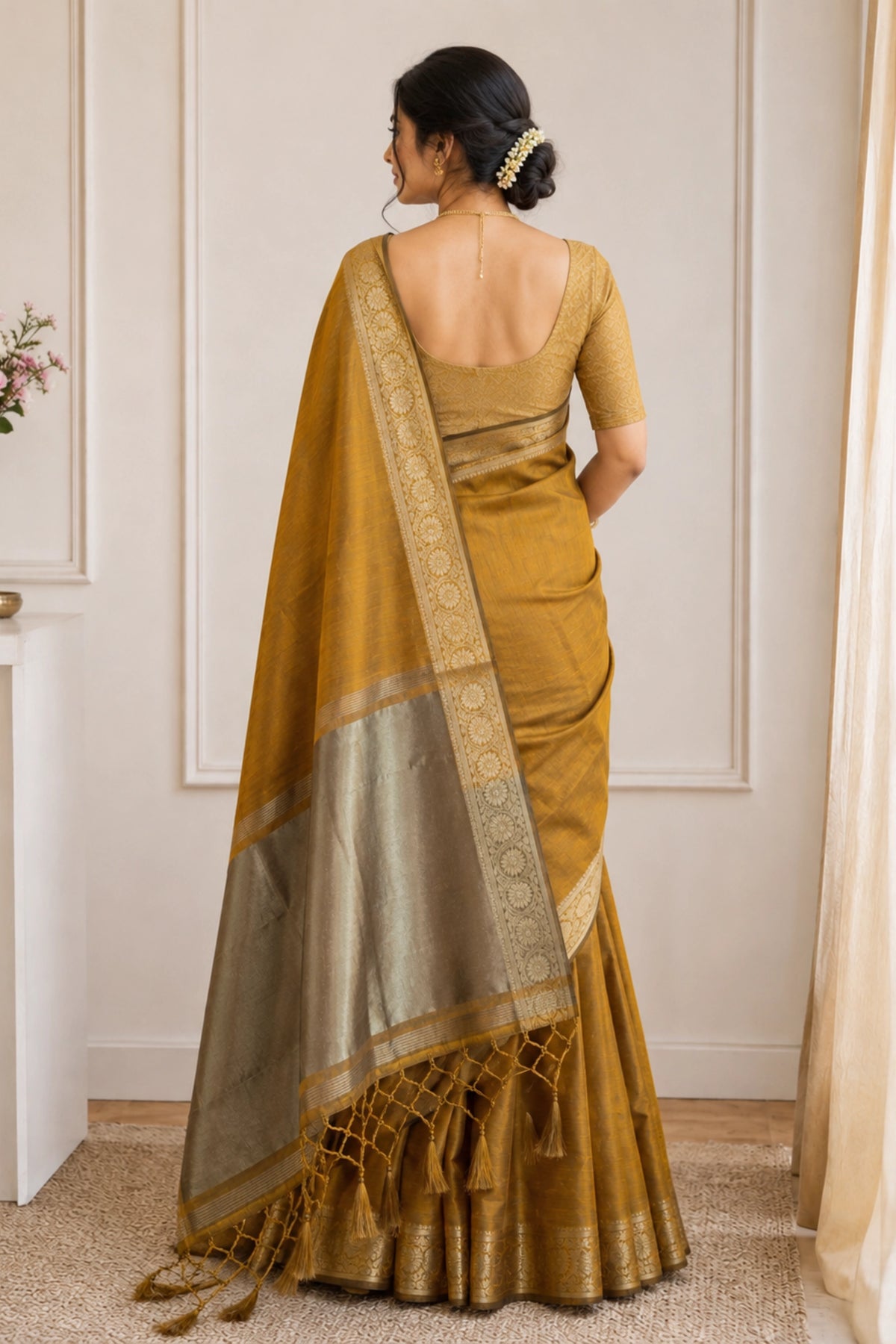 Antique Mustard Tussar-Style Saree with Gold Zari Border