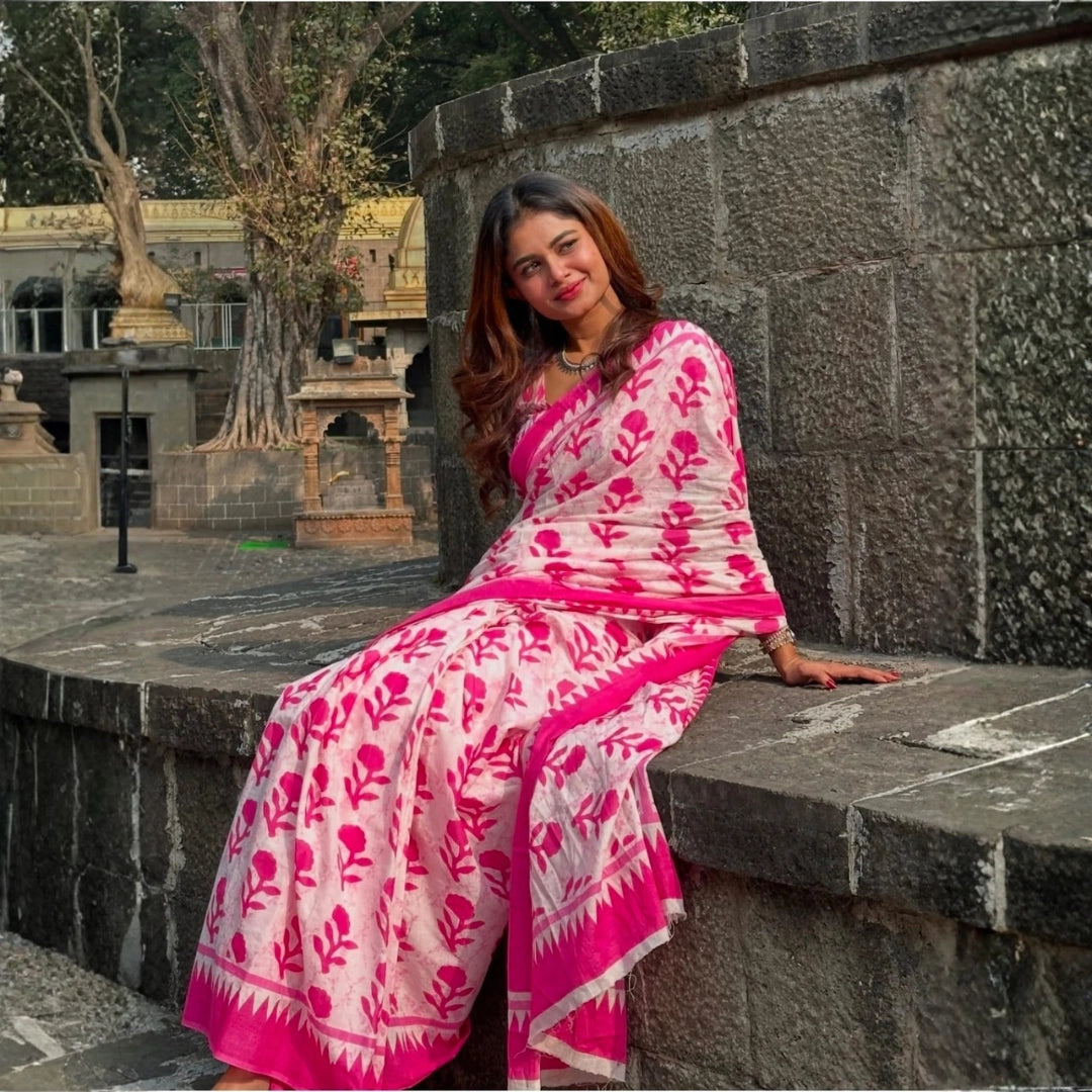 Pink Blossom Handblock Saree