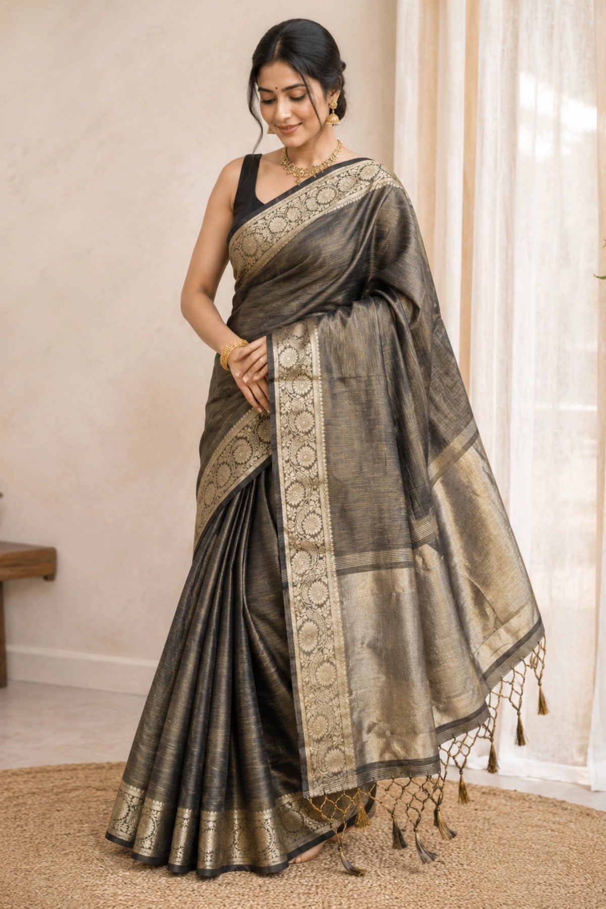 Charcoal Grey Tussar-Style Saree with Antique Gold Zari Border