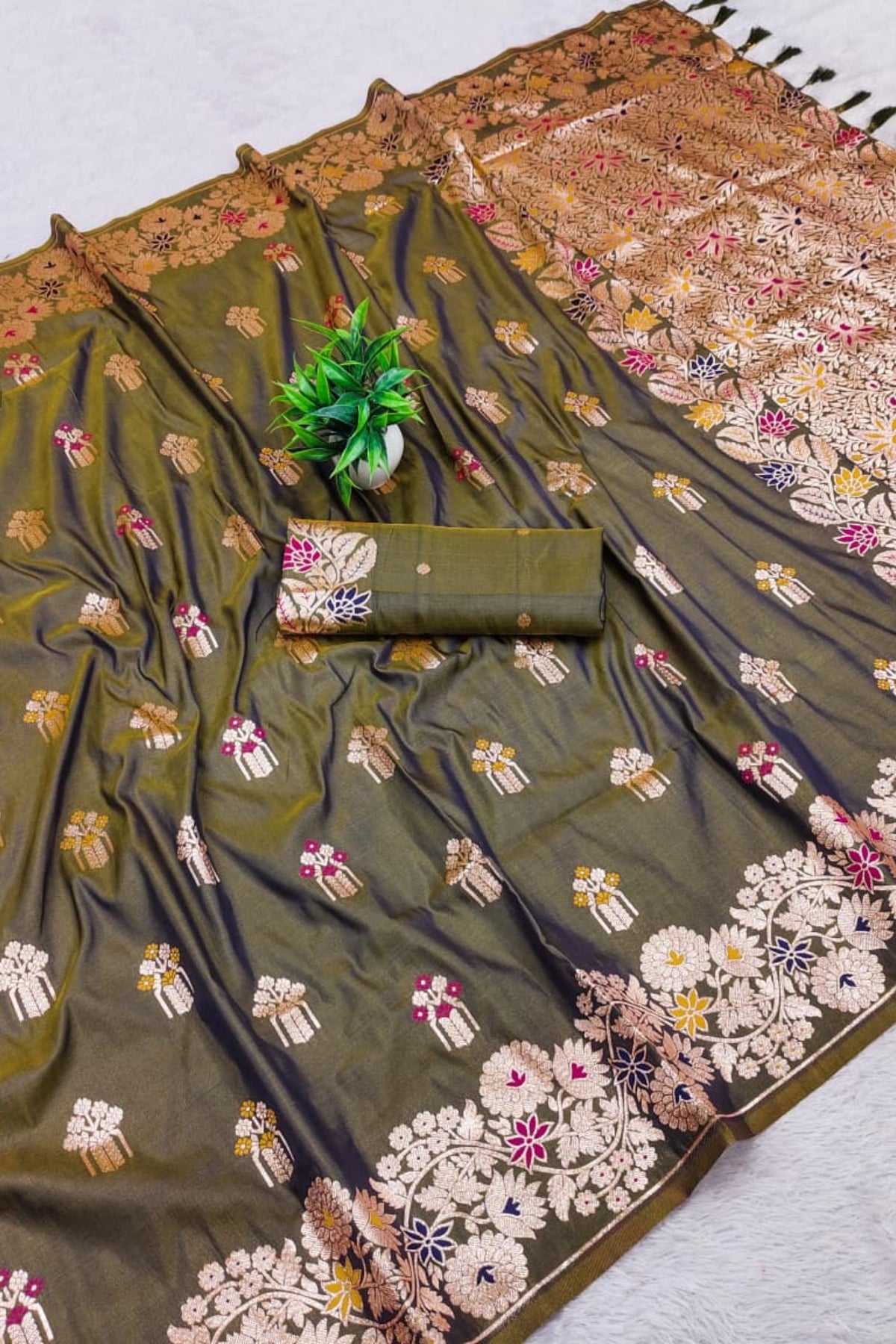 Olive Green Dola Silk-Style Saree with Floral Zari Pallu