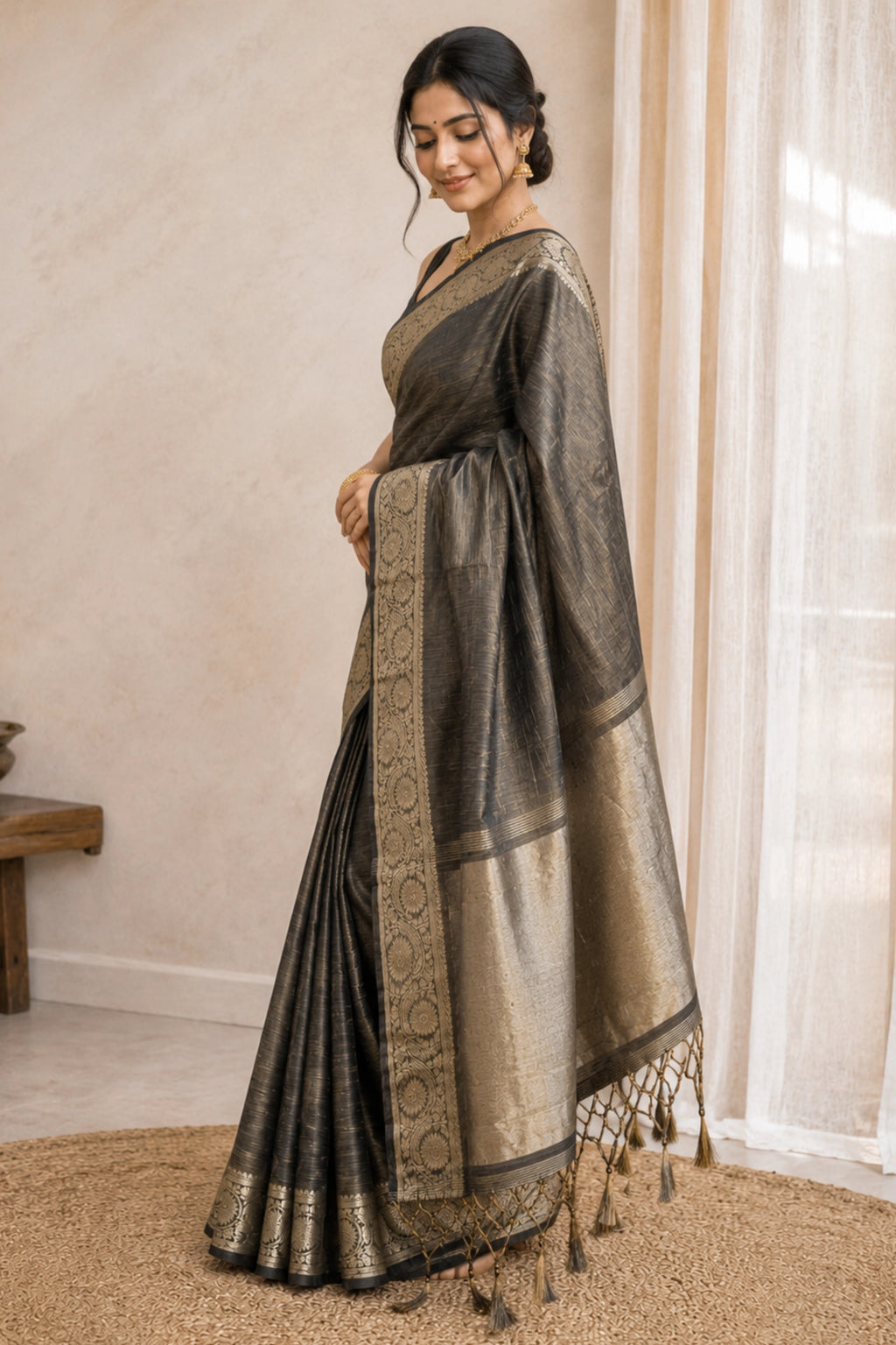 Charcoal Grey Tussar-Style Saree with Antique Gold Zari Border