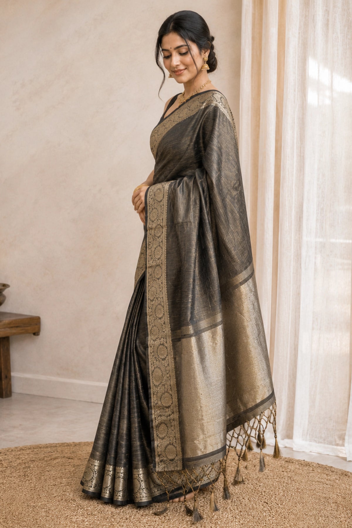 Charcoal Grey Tussar-Style Saree with Antique Gold Zari Border