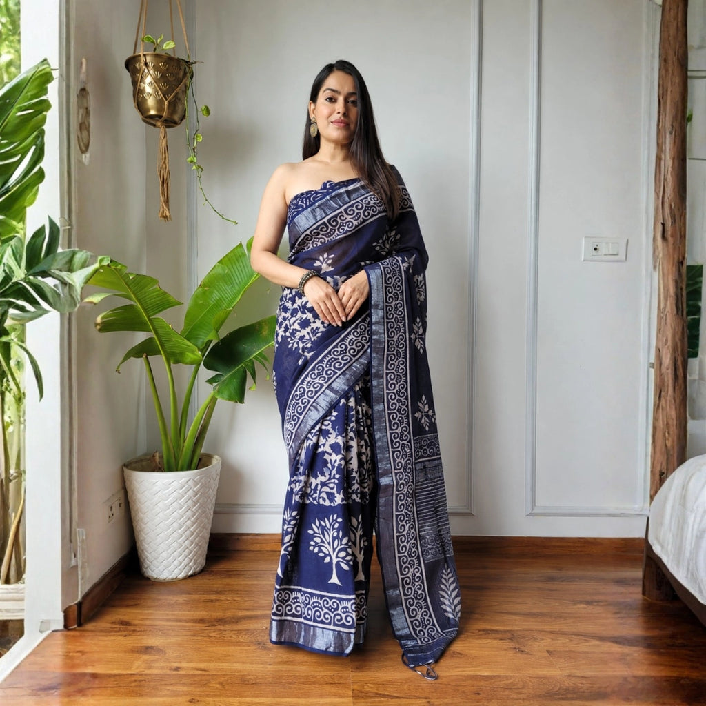 Indigo Botanical Print Saree