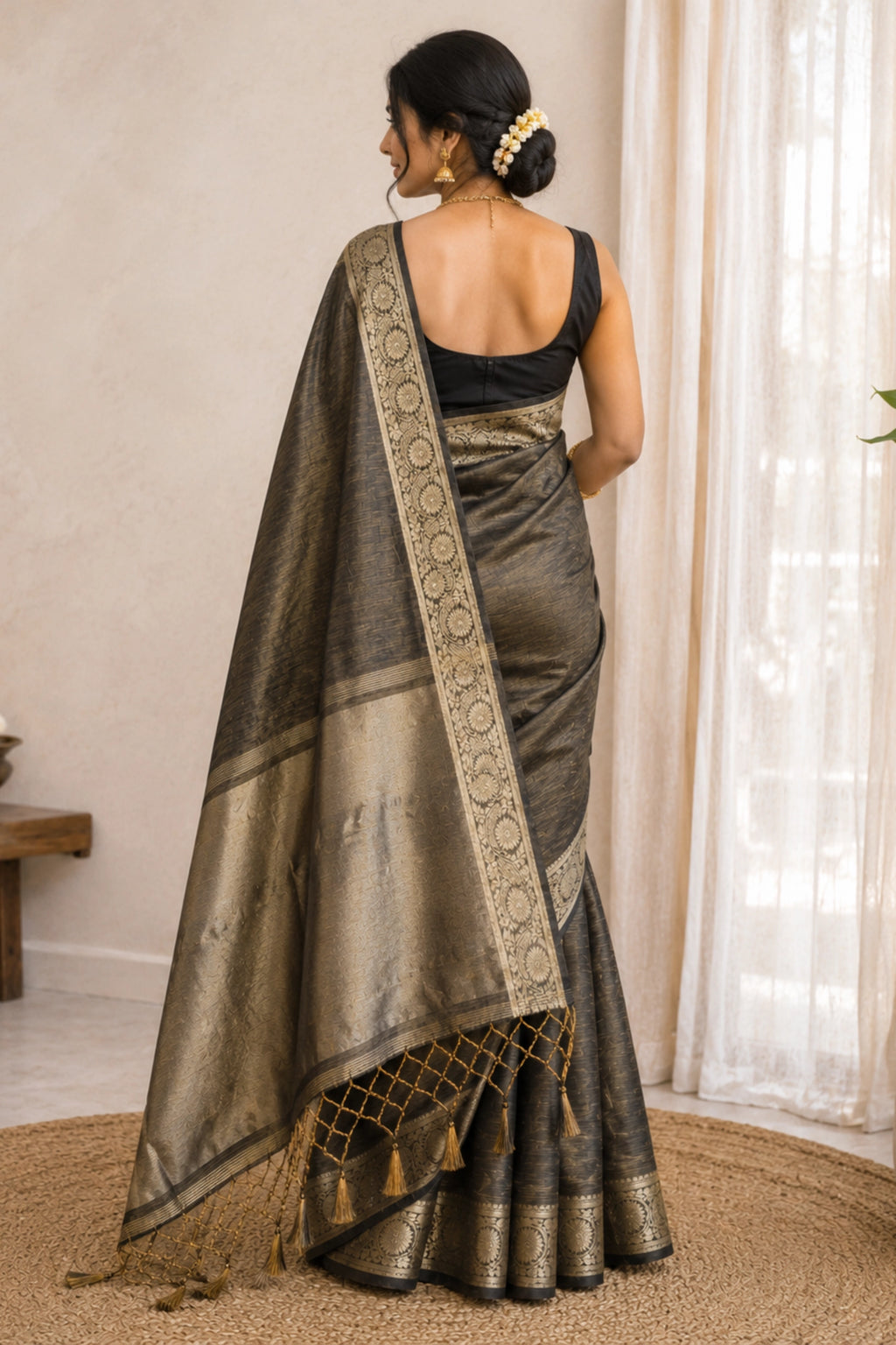 Charcoal Grey Tussar-Style Saree with Antique Gold Zari Border