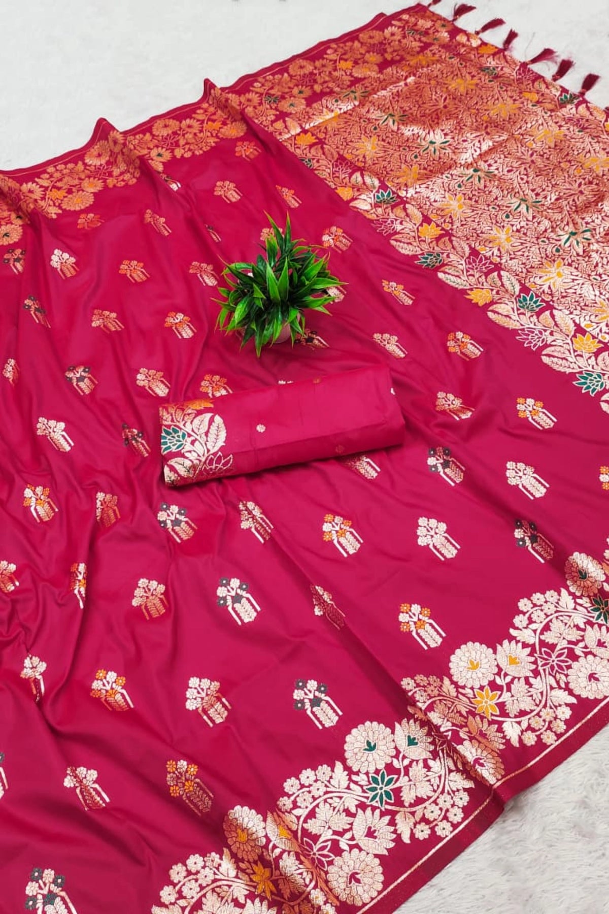 Rani Pink Dola Silk-Style Saree with Floral Zari Pallu