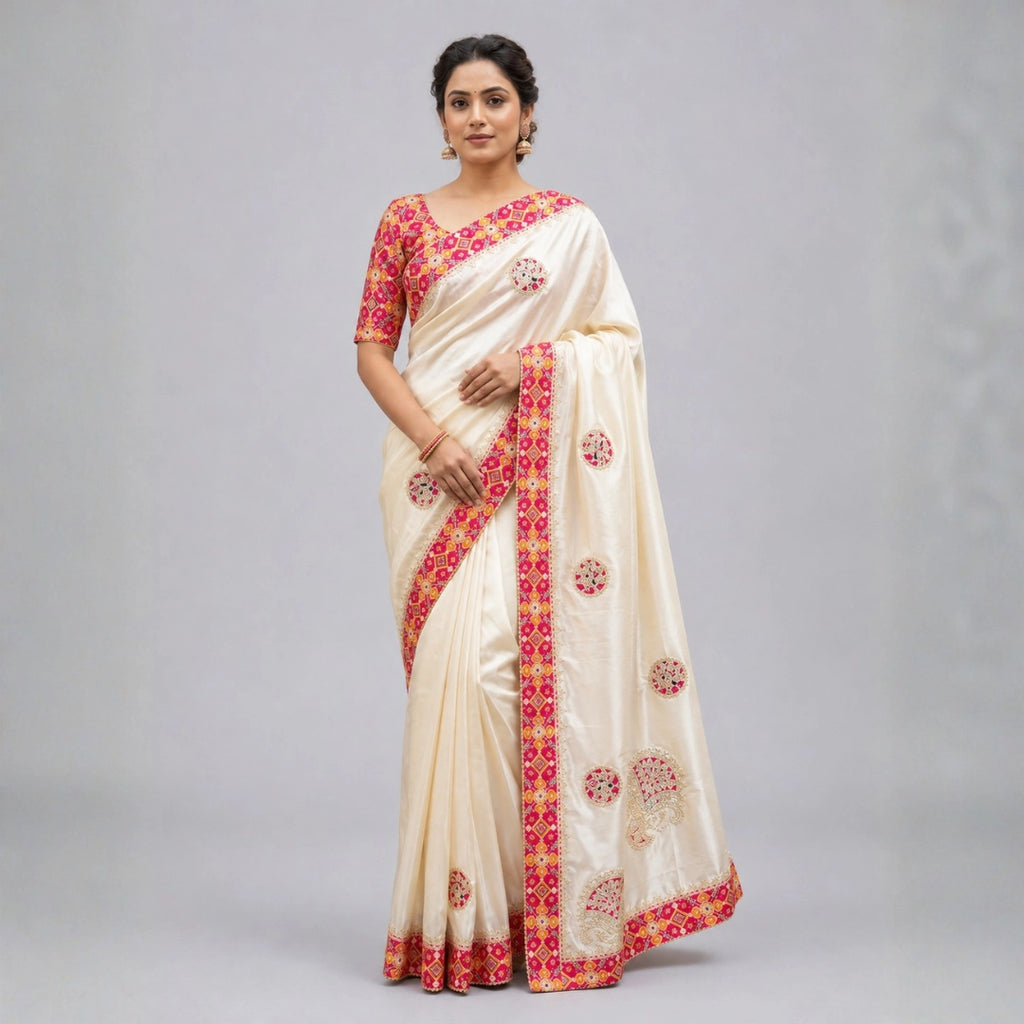Ivory Festive Embroidered Saree