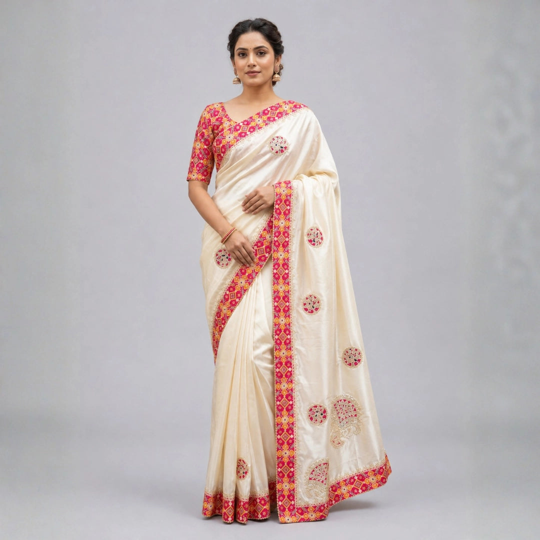 Ivory Festive Embroidered Saree