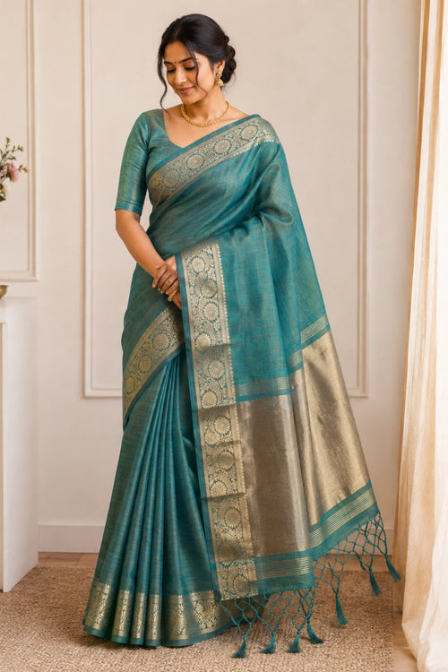 Antique Teal Tussar-Style Saree with Gold Zari Border