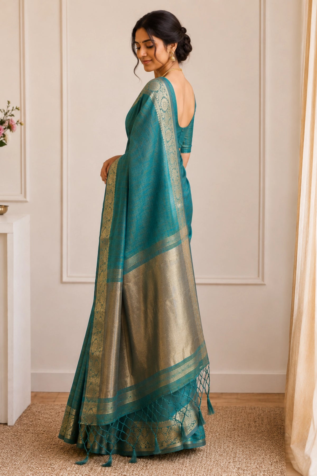 Antique Teal Tussar-Style Saree with Gold Zari Border