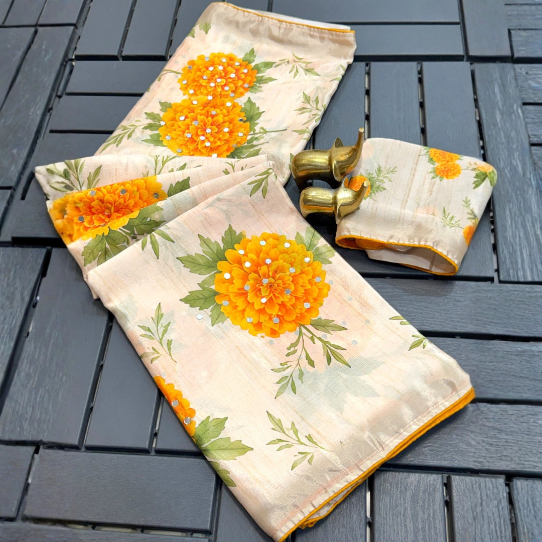 Marigold Bloom Ivory Saree