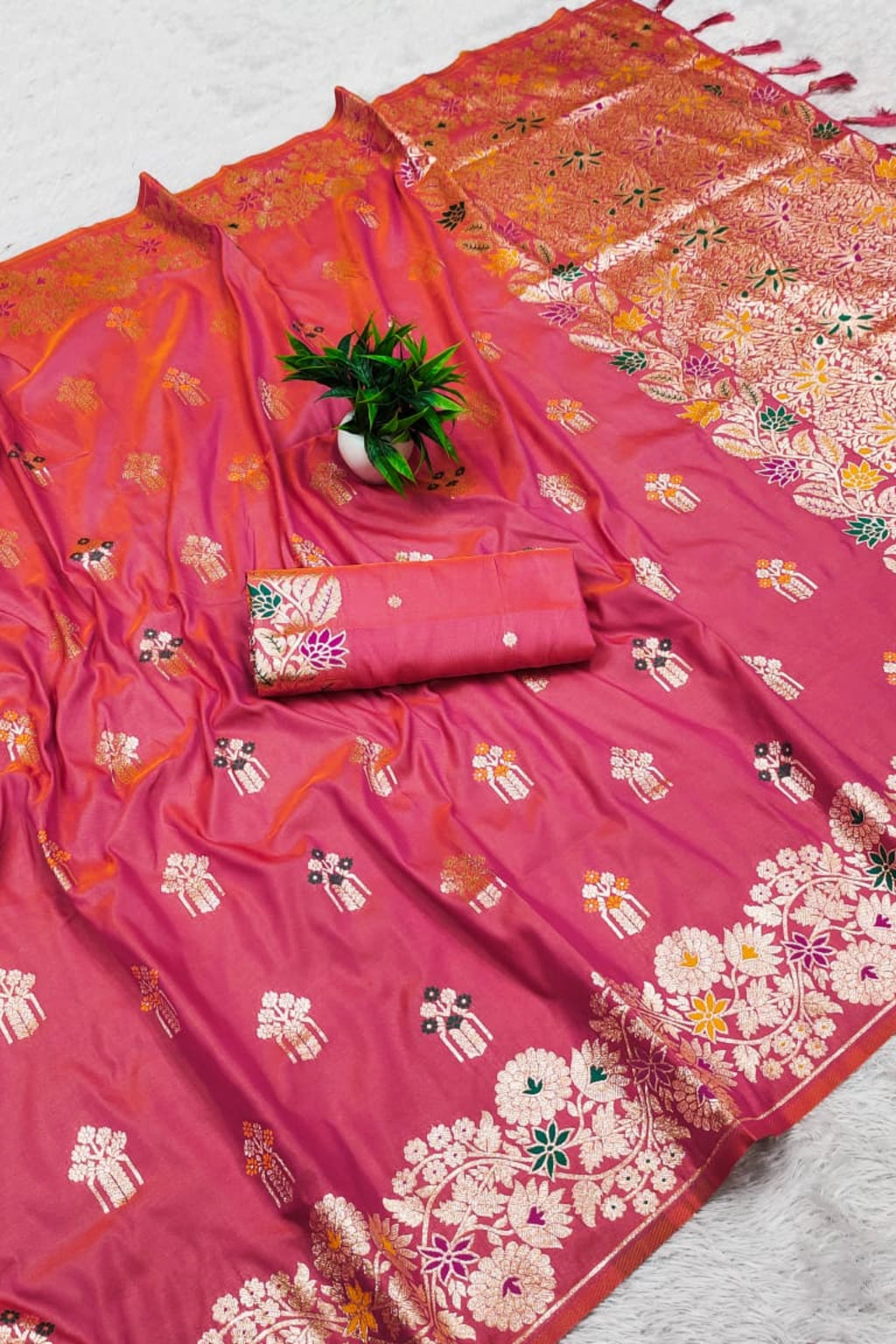 Coral Pink Dola Silk-Style Saree with Floral Zari Pallu