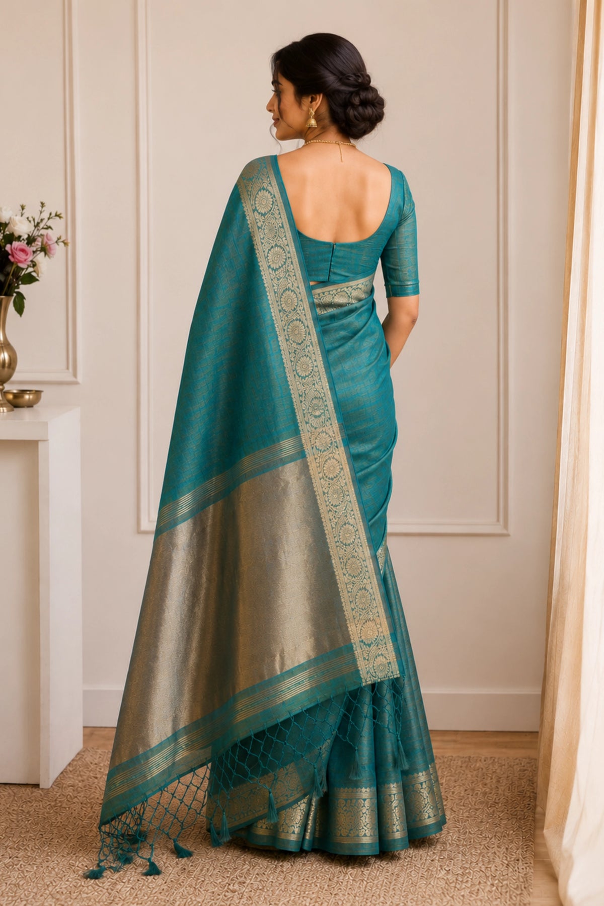 Antique Teal Tussar-Style Saree with Gold Zari Border