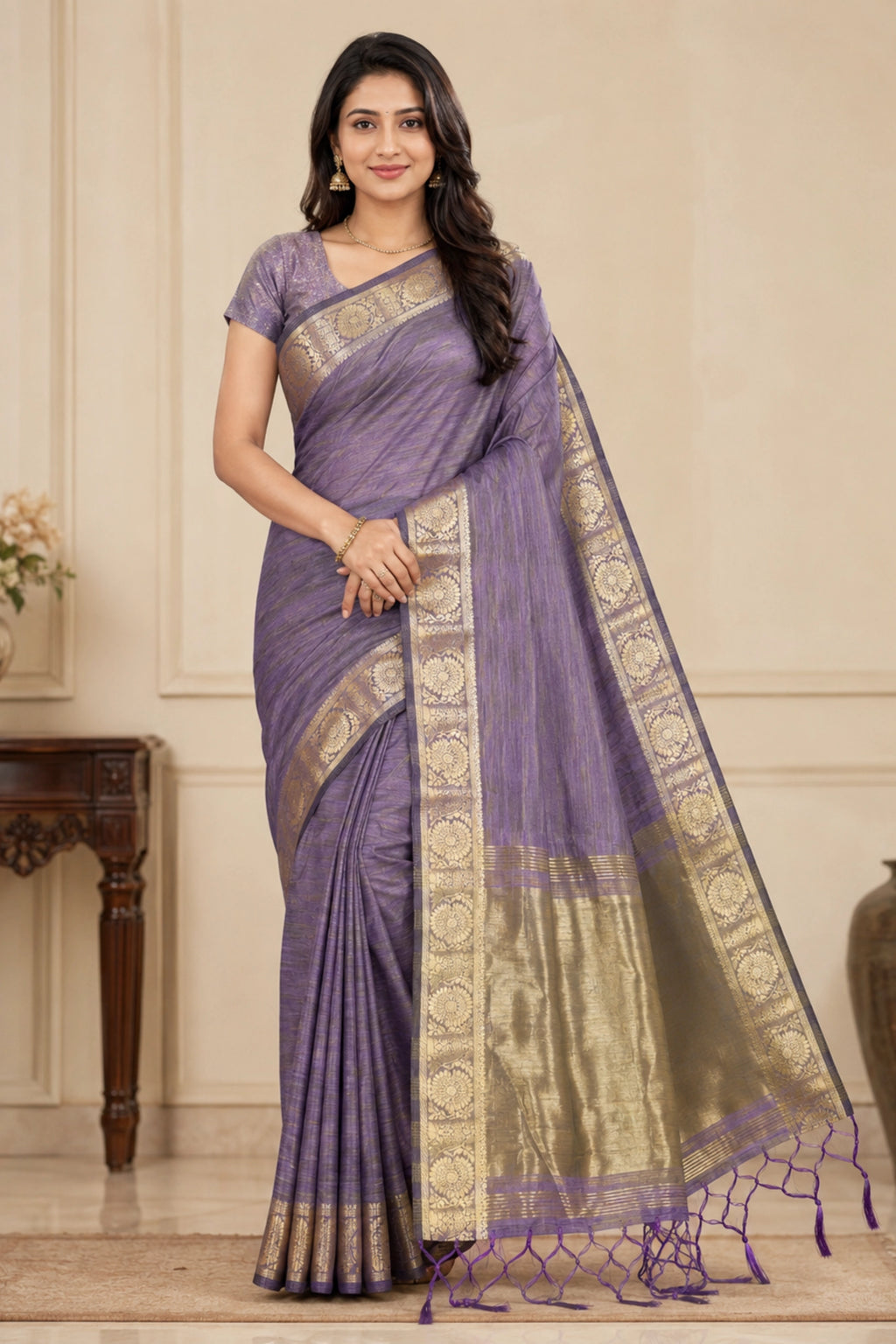 Dusty Lavender Tussar-Style Saree with Antique Gold Zari Border